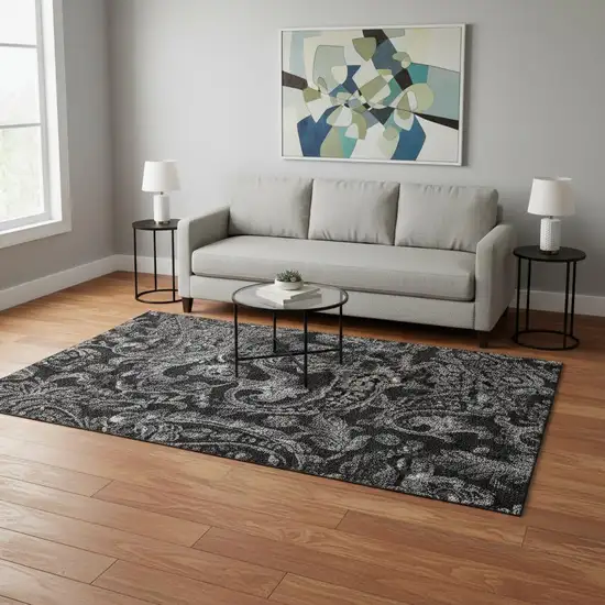 Black And Silver Paisley Washable Area Rug With UV Protection Photo 2