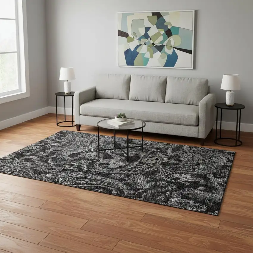 Black And Silver Paisley Washable Area Rug With UV Protection Photo 2