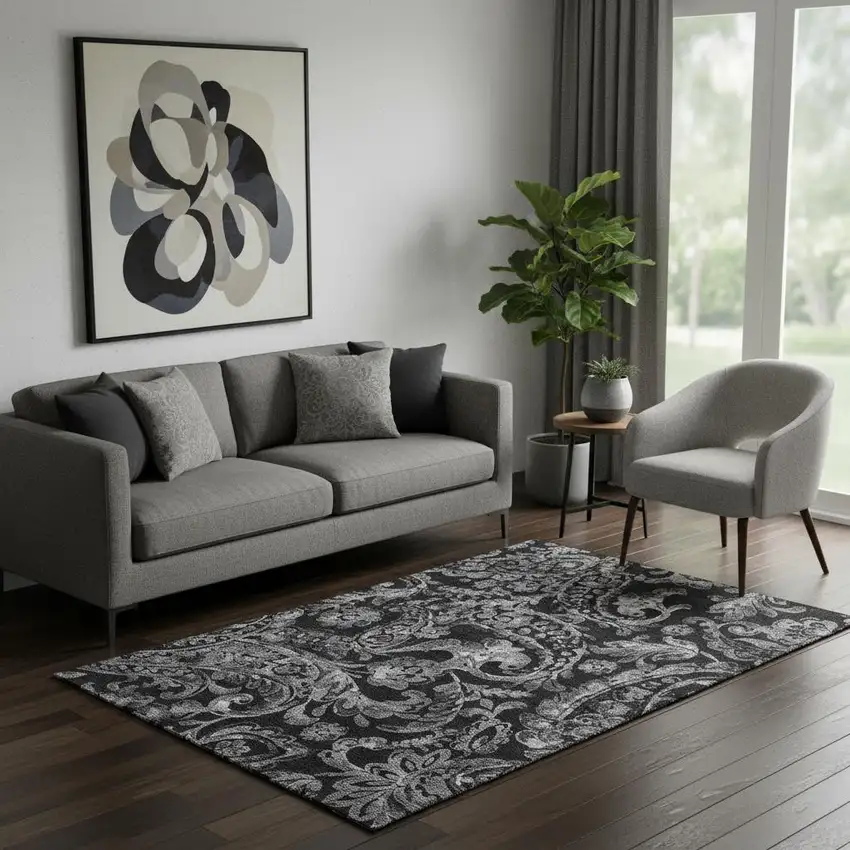 Black And Silver Paisley Washable Area Rug With UV Protection Photo 1