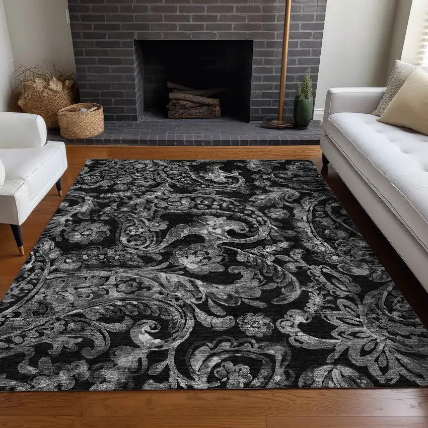 Black And Silver Paisley Washable Area Rug With UV Protection Photo 5