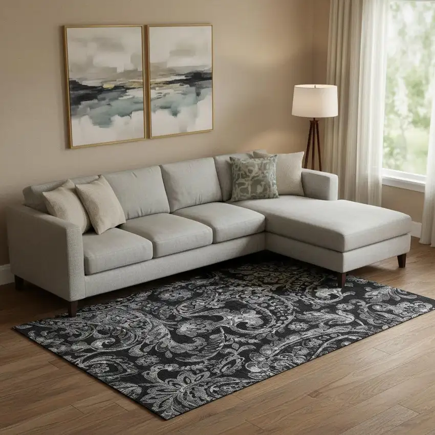 Black And Silver Paisley Washable Area Rug With UV Protection Photo 1