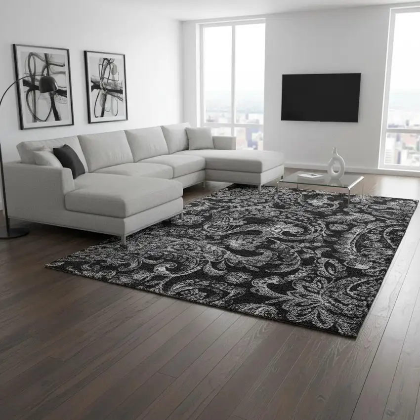 Black And Silver Paisley Washable Area Rug With UV Protection Photo 2