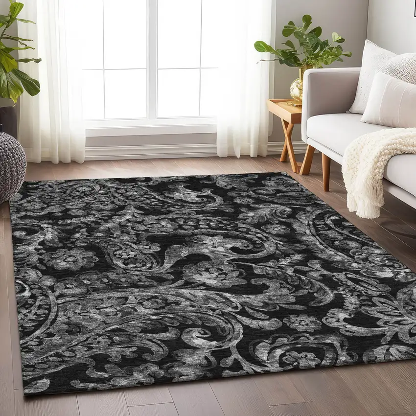 Black And Silver Paisley Washable Area Rug With UV Protection Photo 6