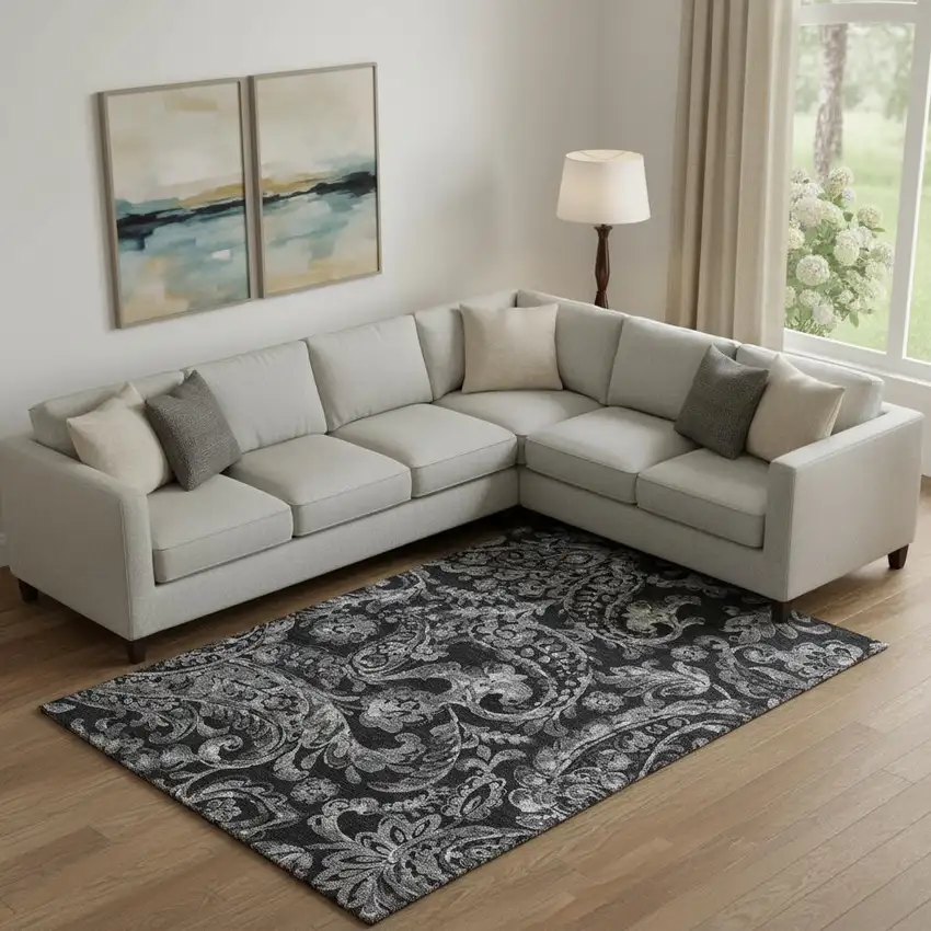 Black And Silver Paisley Washable Area Rug With UV Protection Photo 1