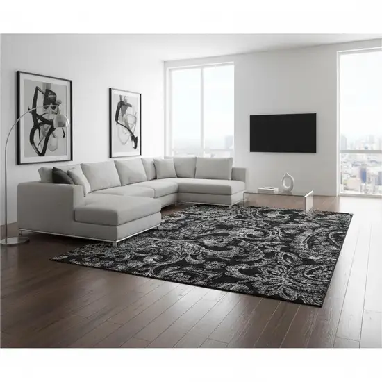 Black And Silver Paisley Washable Area Rug With UV Protection Photo 2