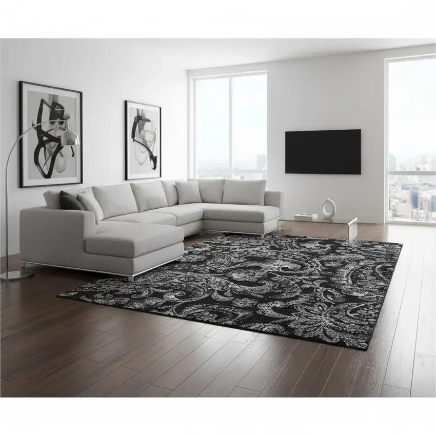 Black And Silver Paisley Washable Area Rug With UV Protection Photo 2