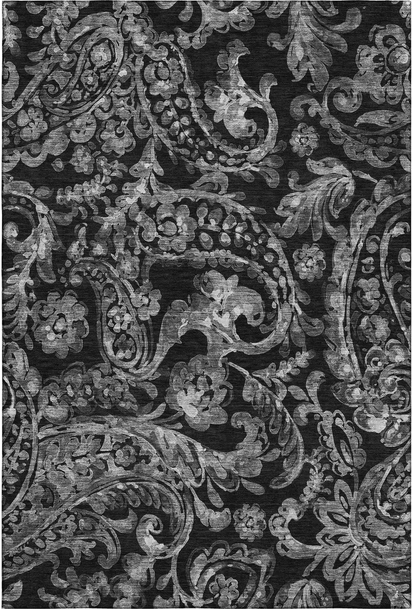 Black And Silver Paisley Washable Area Rug With UV Protection Photo 1