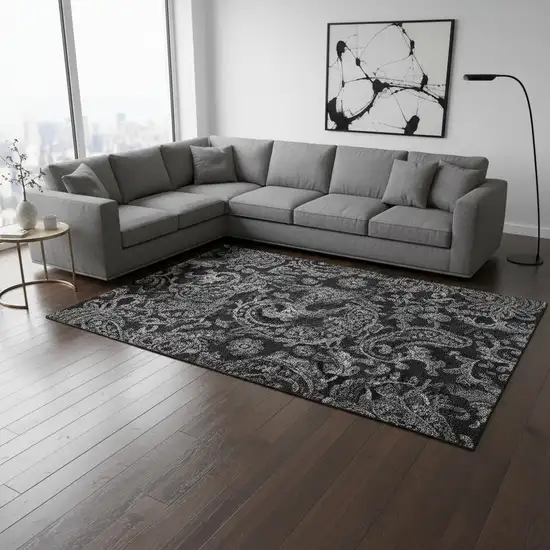 Black And Silver Paisley Washable Area Rug With UV Protection Photo 2