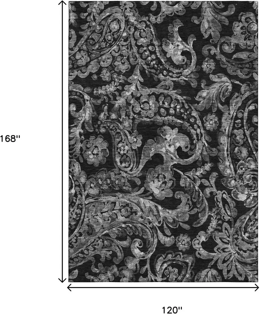 Black And Silver Paisley Washable Area Rug With UV Protection Photo 3
