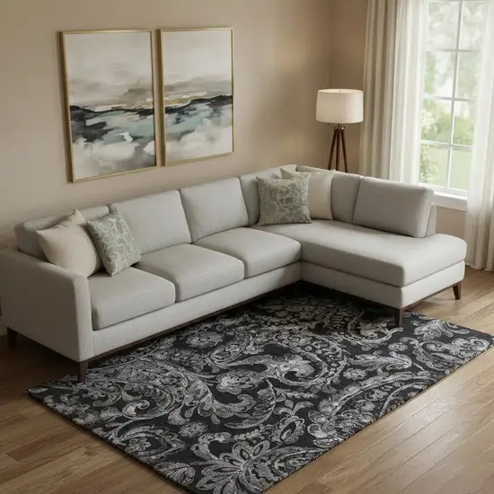 Black And Silver Paisley Washable Area Rug With UV Protection Photo 1