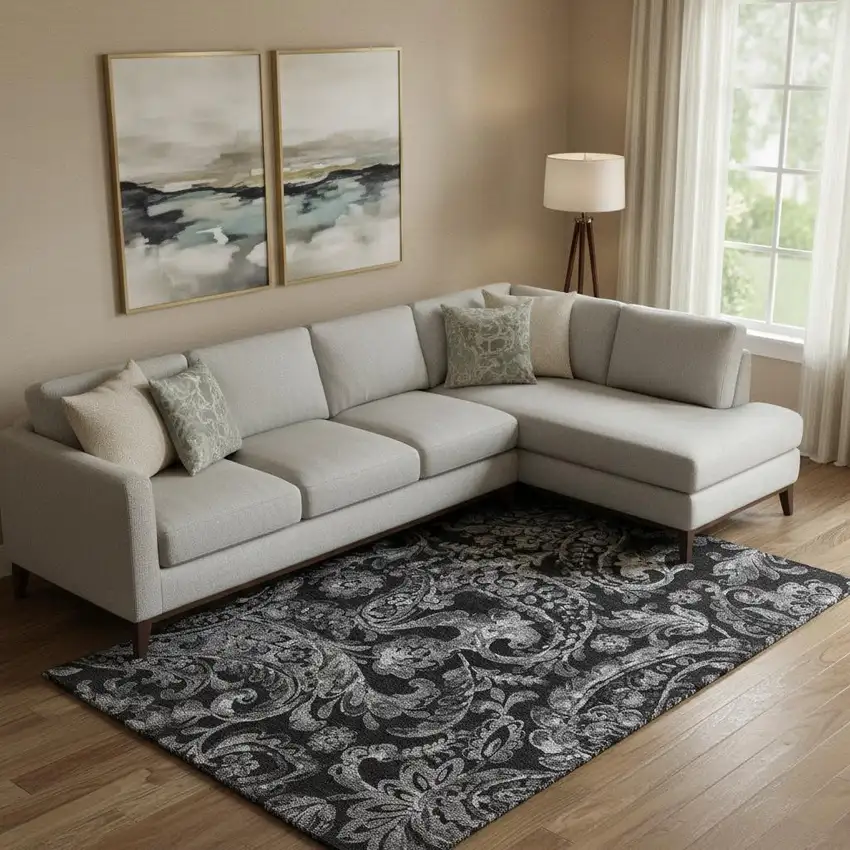 Black And Silver Paisley Washable Area Rug With UV Protection Photo 1