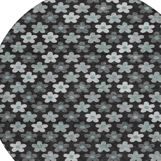 Black And Silver Round Floral Washable Indoor Outdoor Area Rug Photo 2