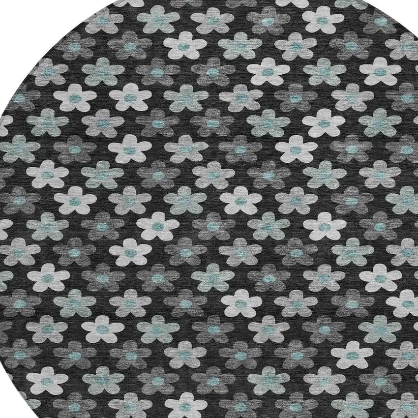 Black And Silver Round Floral Washable Indoor Outdoor Area Rug Photo 2