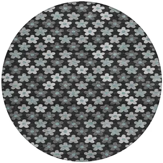 Black And Silver Round Floral Washable Indoor Outdoor Area Rug Photo 3