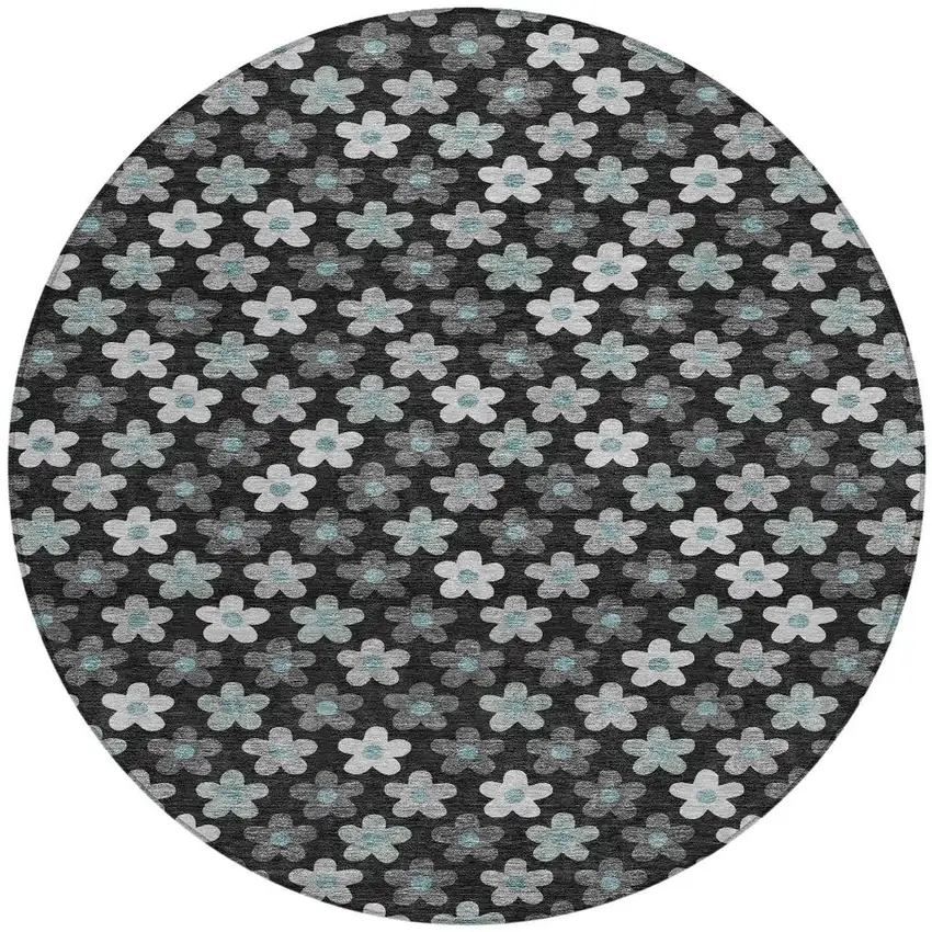 Black And Silver Round Floral Washable Indoor Outdoor Area Rug Photo 3