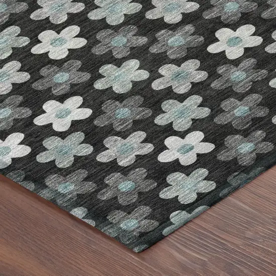 Black And Silver Round Floral Washable Indoor Outdoor Area Rug Photo 4