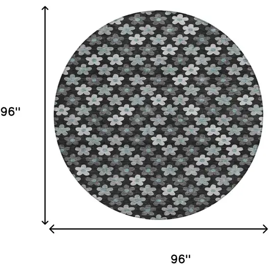 Black And Silver Round Floral Washable Indoor Outdoor Area Rug Photo 6