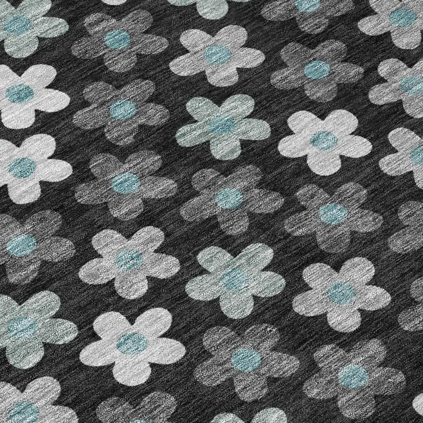 Black And Silver Round Floral Washable Indoor Outdoor Area Rug Photo 5