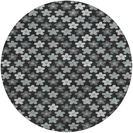 Black And Silver Round Floral Washable Indoor Outdoor Area Rug Photo 1