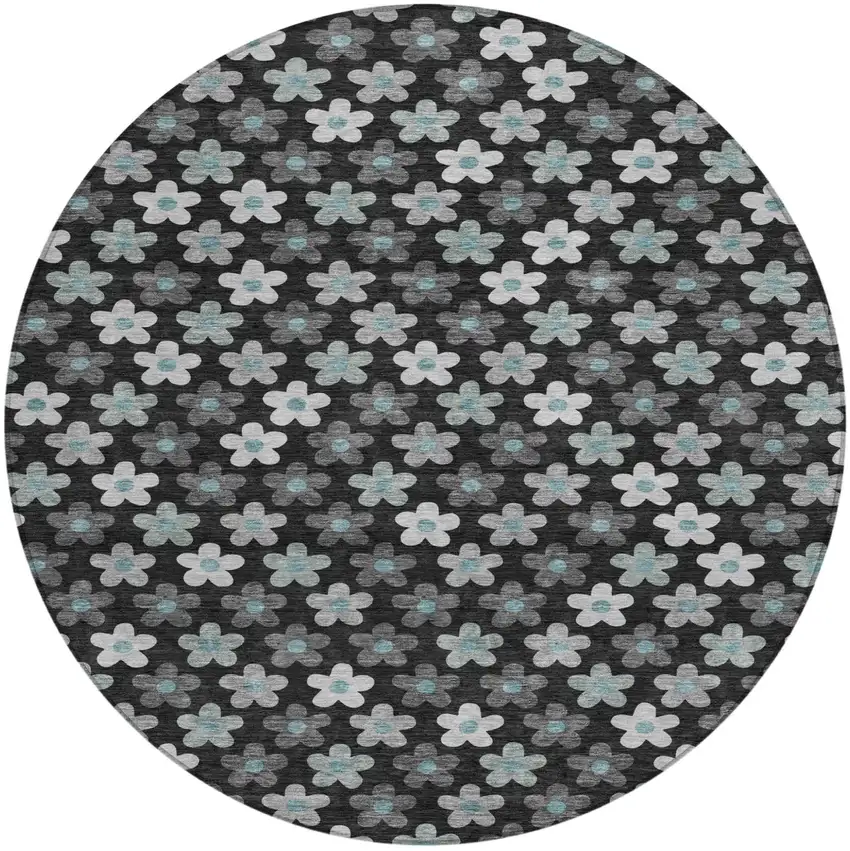 Black And Silver Round Floral Washable Indoor Outdoor Area Rug Photo 1