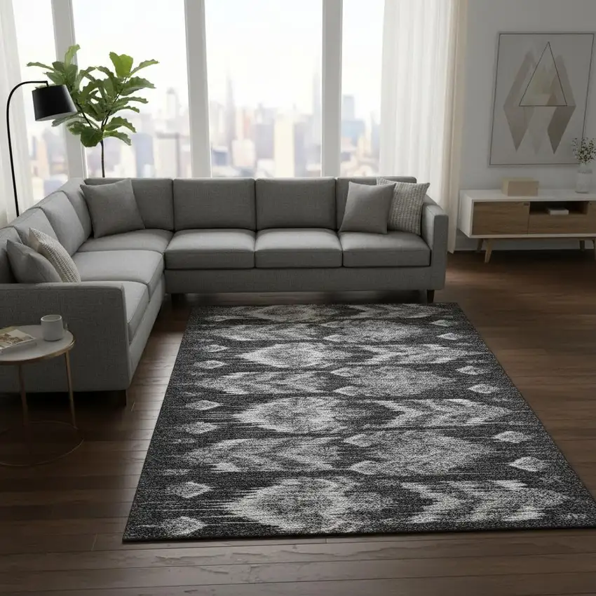 Black And Silver Southwestern Washable Area Rug With UV Protection Photo 2