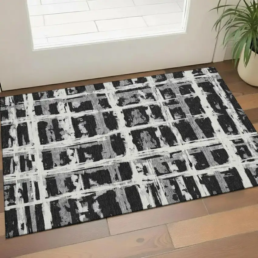 Black And Silver Striped Washable Area Rug With UV Protection Photo 1