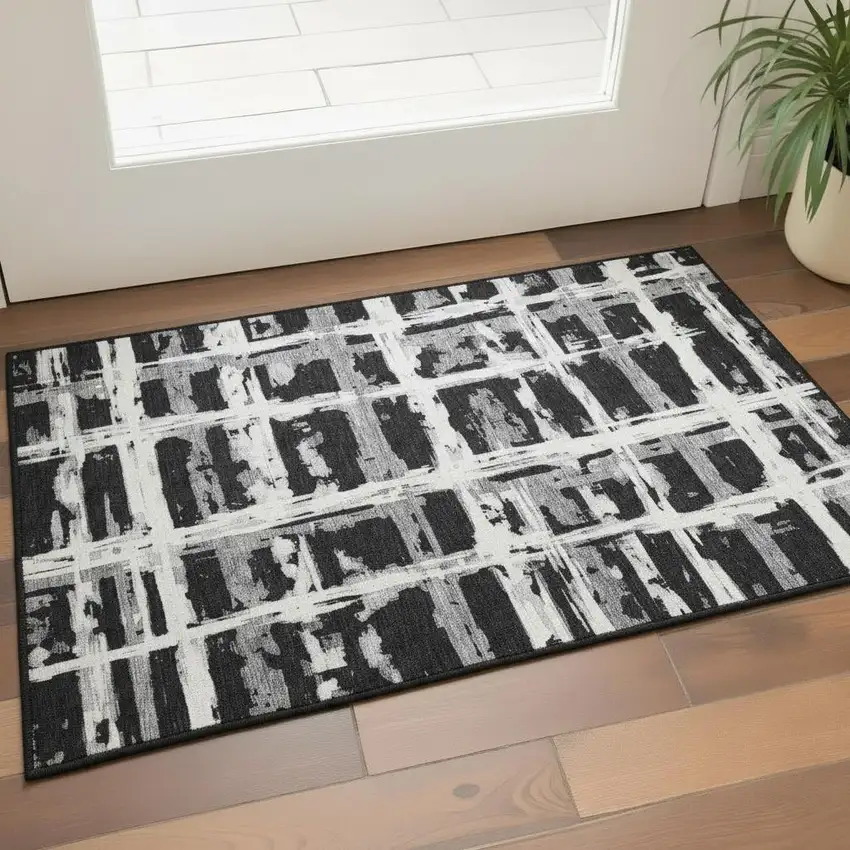 Black And Silver Striped Washable Area Rug With UV Protection Photo 2