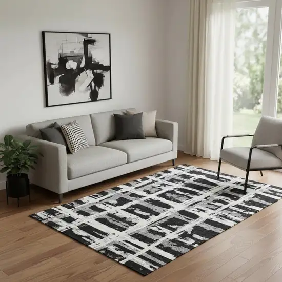Black And Silver Striped Washable Area Rug With UV Protection Photo 1