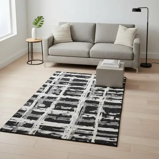 Black And Silver Striped Washable Area Rug With UV Protection Photo 2