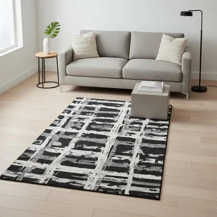 Black And Silver Striped Washable Area Rug With UV Protection Photo 2