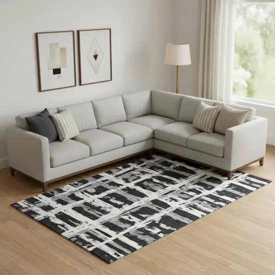 Black And Silver Striped Washable Area Rug With UV Protection Photo 2