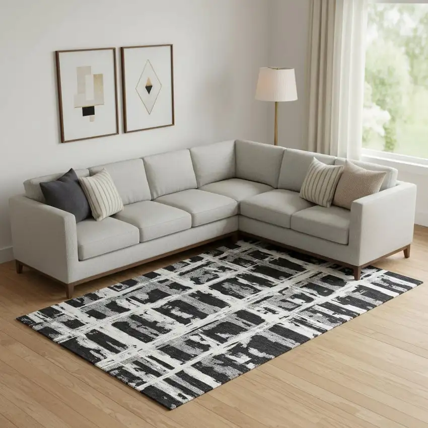 Black And Silver Striped Washable Area Rug With UV Protection Photo 2