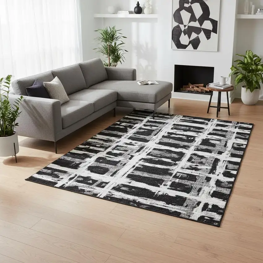 Black And Silver Striped Washable Area Rug With UV Protection Photo 2
