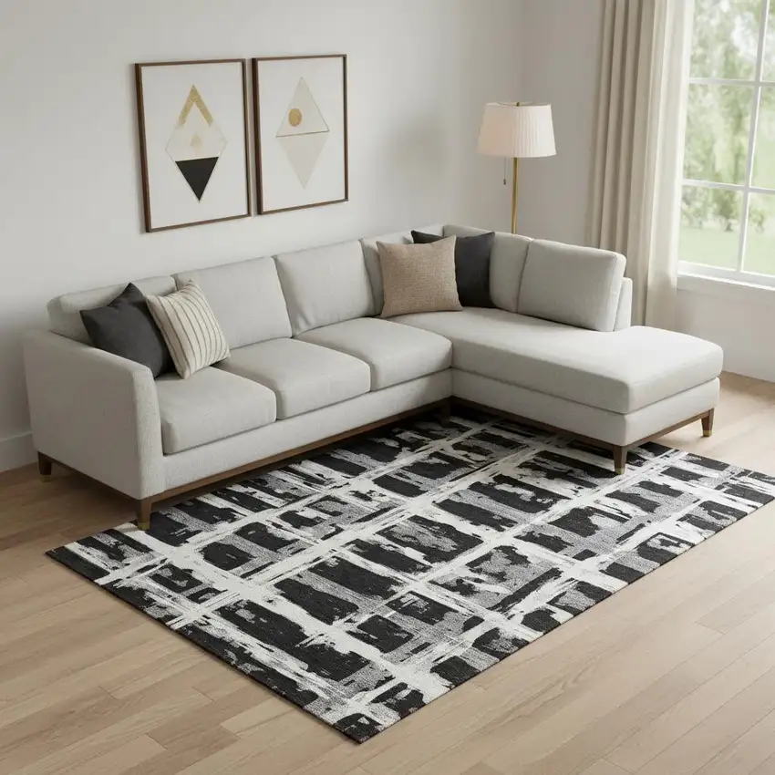 Black And Silver Striped Washable Area Rug With UV Protection Photo 3