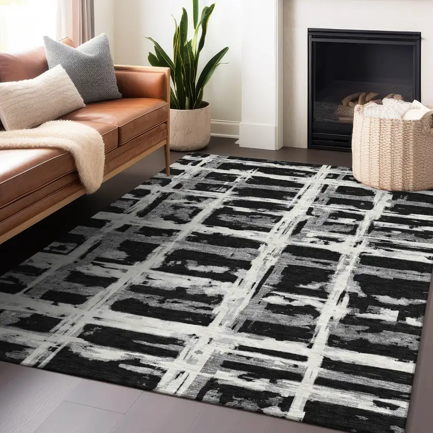 Black And Silver Striped Washable Area Rug With UV Protection Photo 6