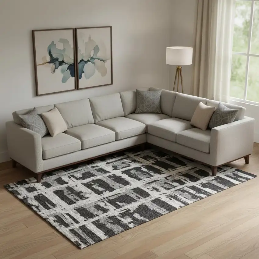 Black And Silver Striped Washable Area Rug With UV Protection Photo 1