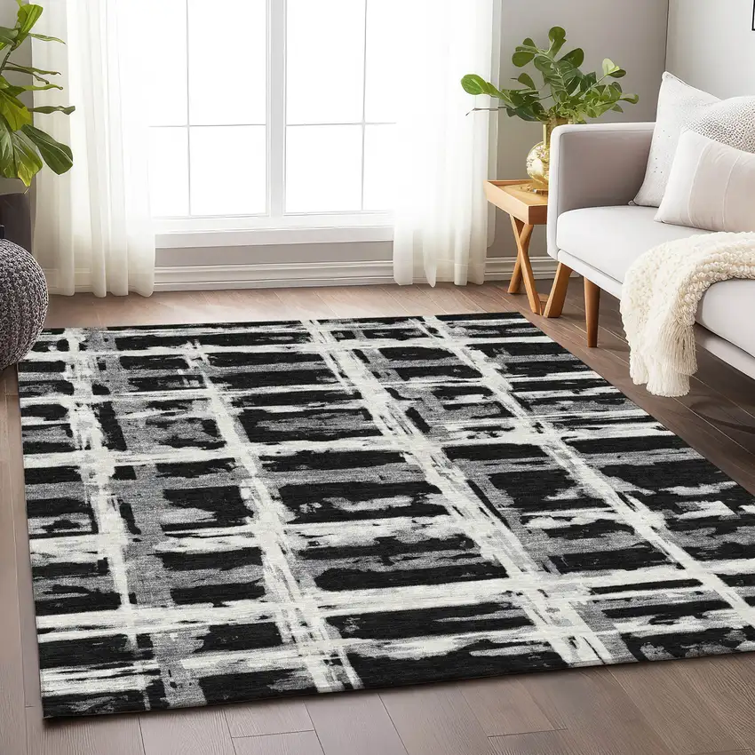Black And Silver Striped Washable Area Rug With UV Protection Photo 5