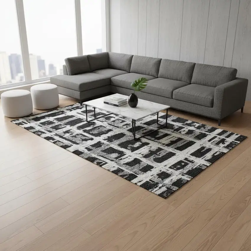 Black And Silver Striped Washable Area Rug With UV Protection Photo 2