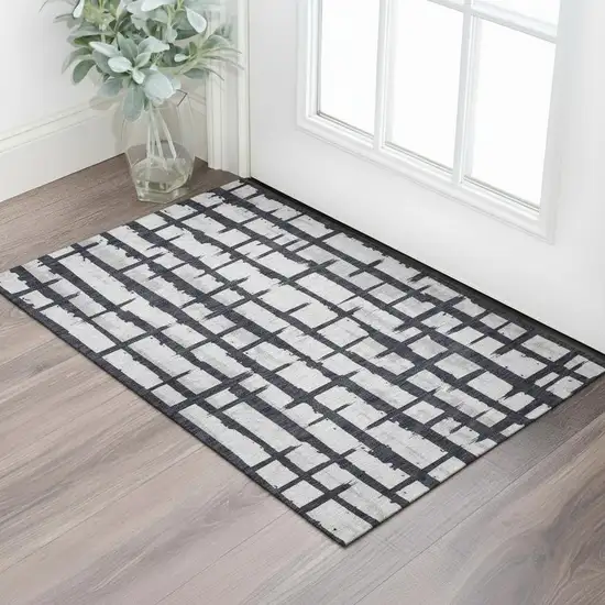 Black And Silver Striped Washable Area Rug With UV Protection Photo 1