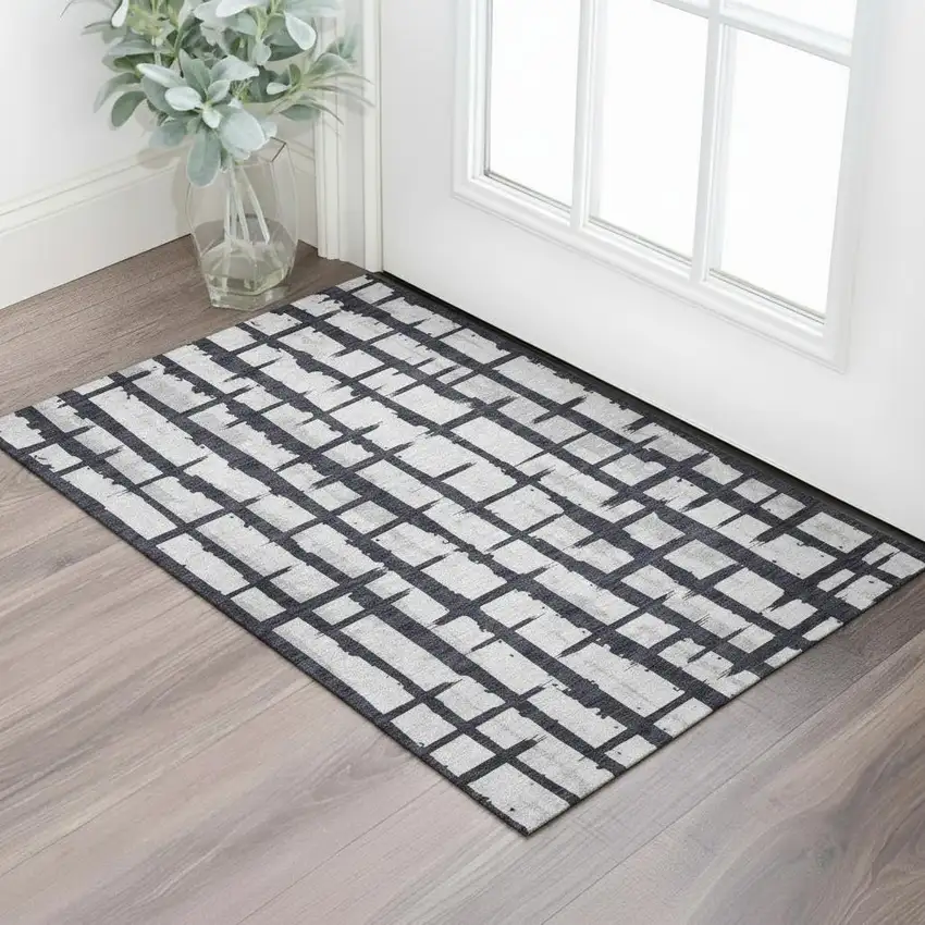 Black And Silver Striped Washable Area Rug With UV Protection Photo 1