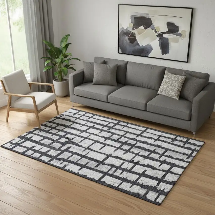 Black And Silver Striped Washable Area Rug With UV Protection Photo 1