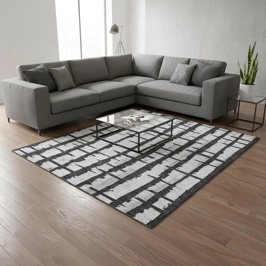 Black And Silver Striped Washable Area Rug With UV Protection Photo 2