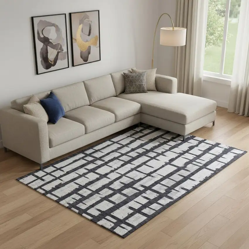 Black And Silver Striped Washable Area Rug With UV Protection Photo 1