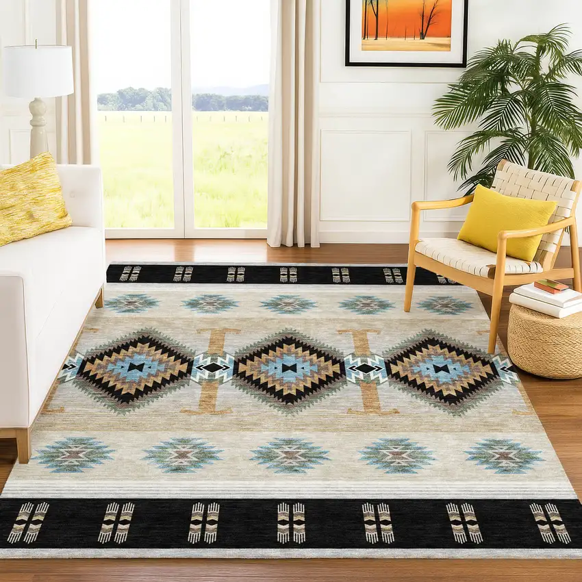 Black And Tan Southwestern Washable Indoor Outdoor Area Rug Photo 6