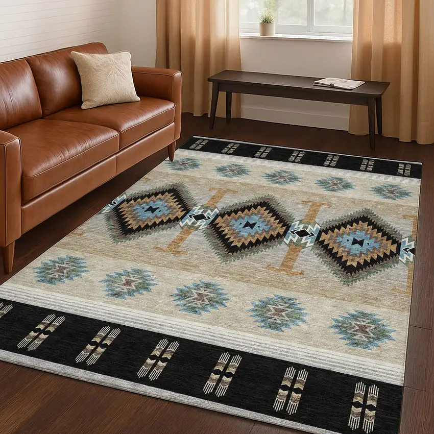 Black And Tan Southwestern Washable Indoor Outdoor Area Rug Photo 5