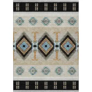 Photo of Black And Tan Southwestern Washable Indoor Outdoor Area Rug