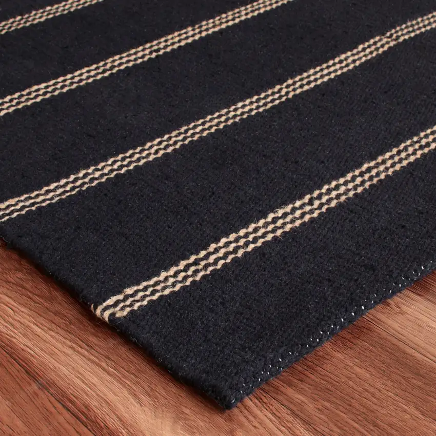 Black And Tan Striped Hand Woven Square Rug Photo 8
