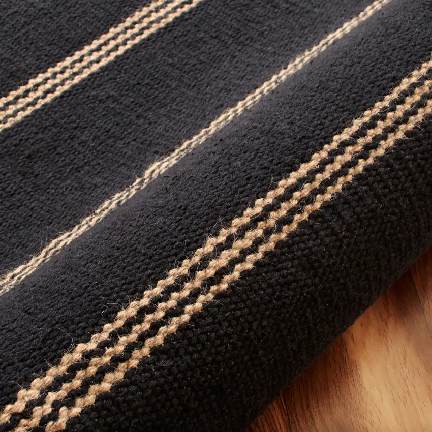 Black And Tan Striped Hand Woven Square Rug Photo 9