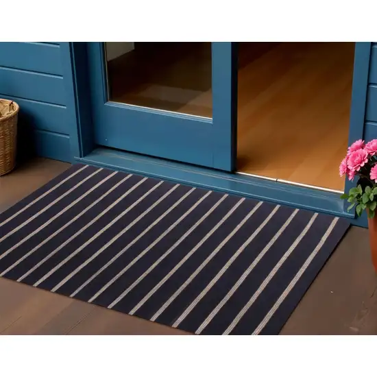 Black And Tan Striped Hand Woven Square Rug Photo 1