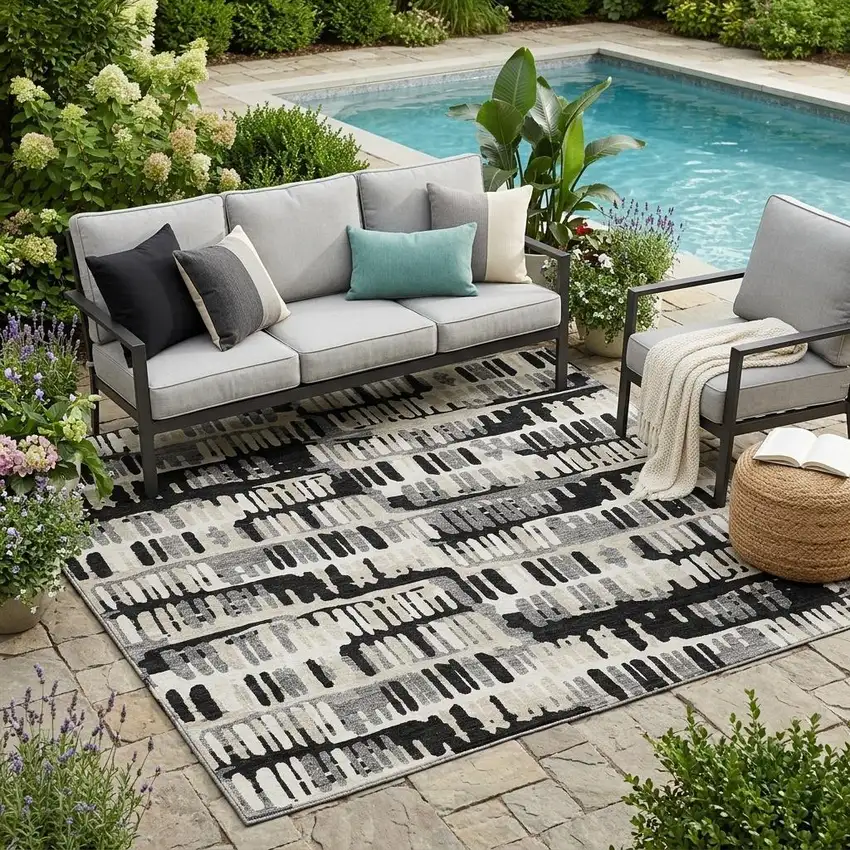 Black And Taupe Abstract Washable Indoor Outdoor Area Rug Photo 1